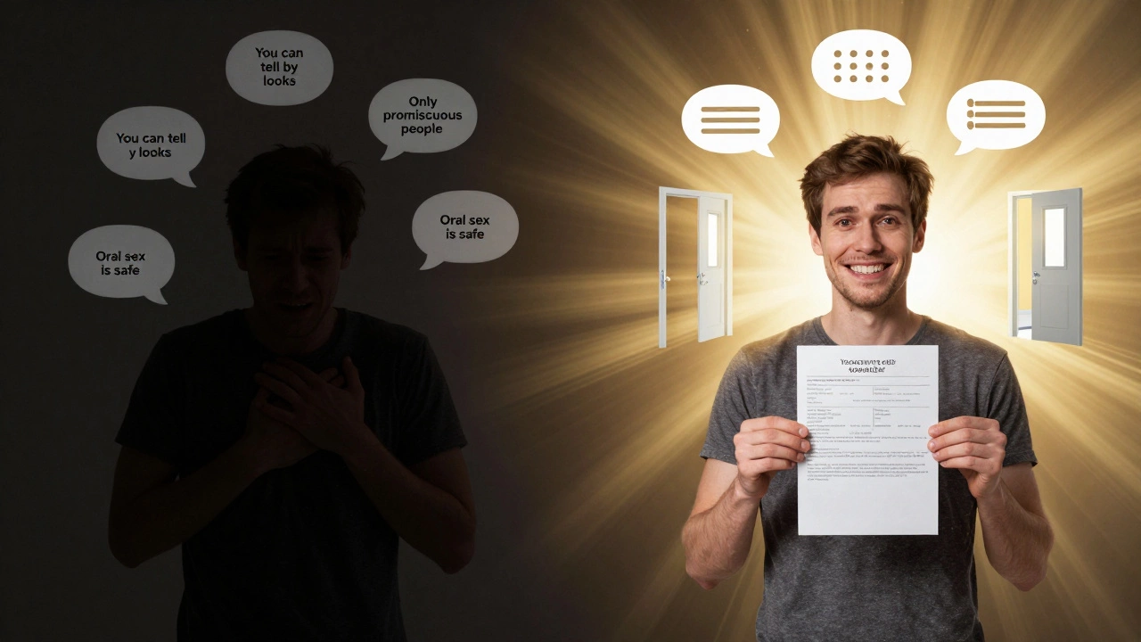 A person moving from fear and myths to empowerment and testing, shown in a symbolic split-image with light breaking through.