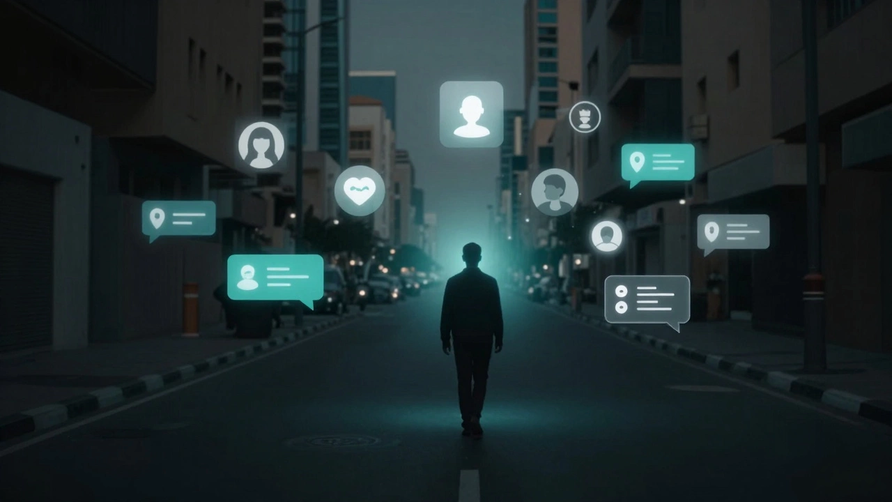 A shadowy figure walks away from glowing digital notifications on a dark Dubai street, symbolizing digital isolation.