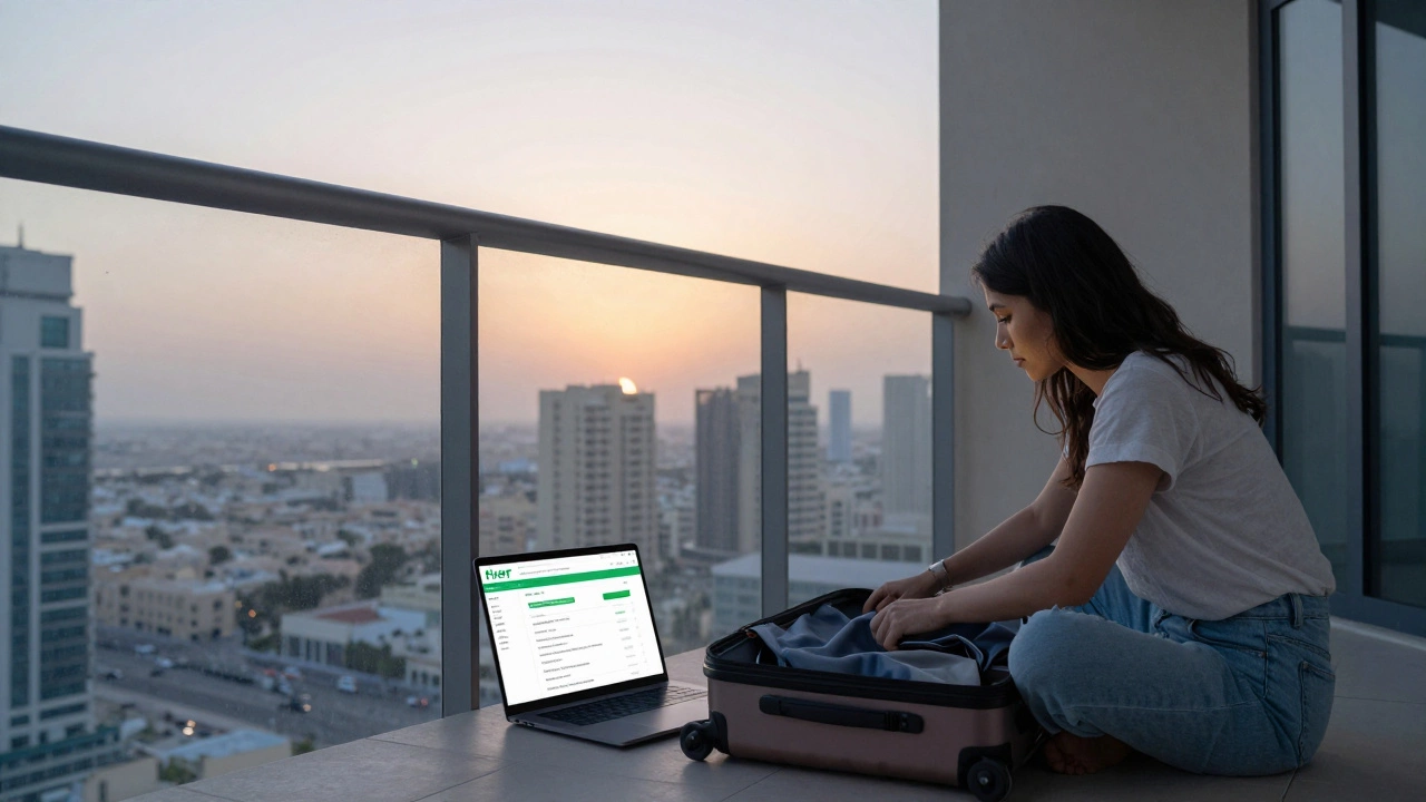 A woman packs her suitcase on a Dubai balcony while working on a freelance job platform at sunrise.