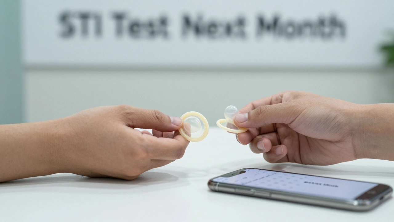 Two hands exchanging a condom and dental dam on a clean surface, with a smartphone showing a test reminder.